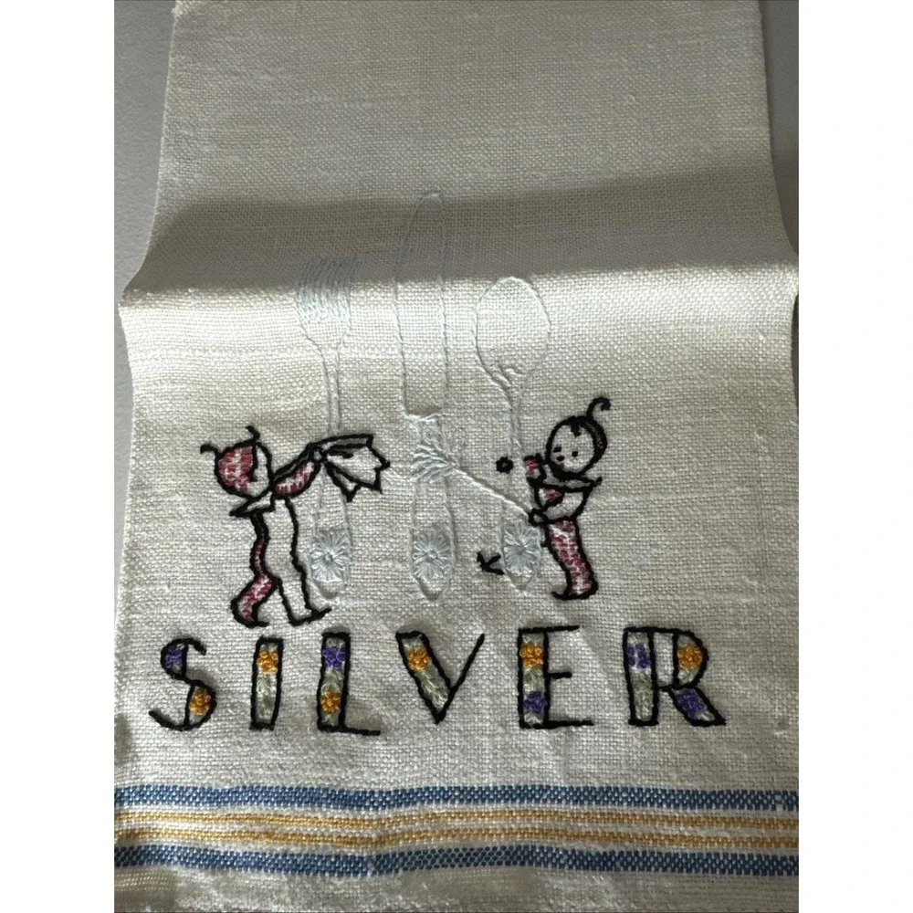 Embroidered KITCHEN TOWELS Set Of 2 Linen SILVER W Babies And Flatware